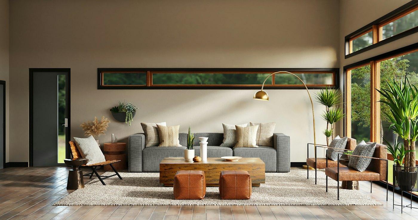 Warm residential living room with timber furniture