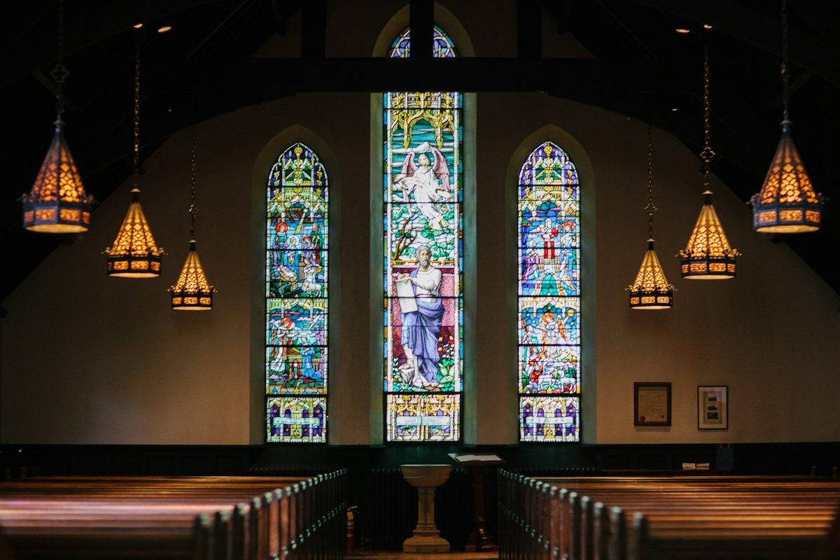 Church interior with stained-glass windows